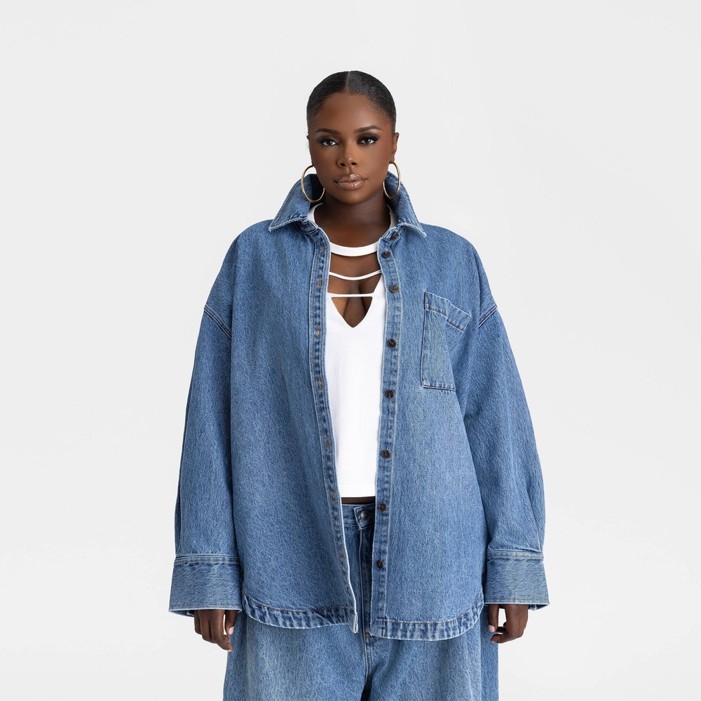Relaxed Blue Denim Button-Down Shirt - Womens